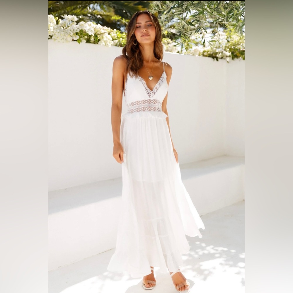 Hello Molly “Before Anyone Else” Maxi Dress White w/ Lace Trim and Lace Up Back